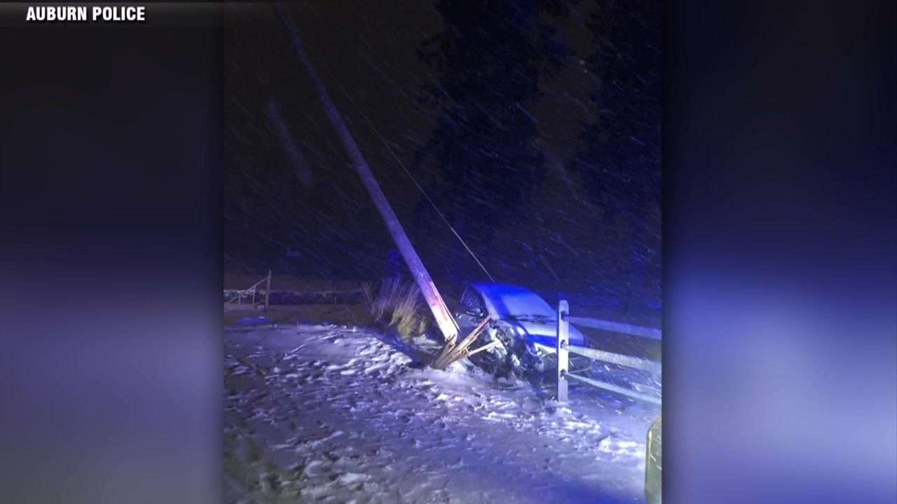 Utility pole snapped after car crashes into it in Auburn - Boston News ...