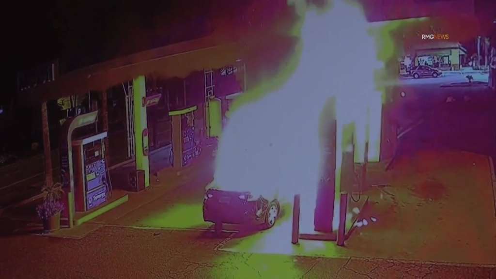 Surveillance Video Captures Frightening Moment Car Bursts Into Flames With Person Inside 