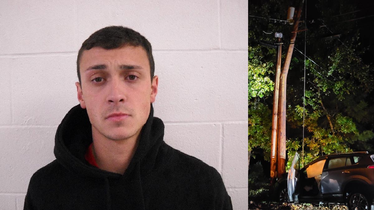 Police Live wires left hanging over car after drunken driver crashed into telephone pole in NH