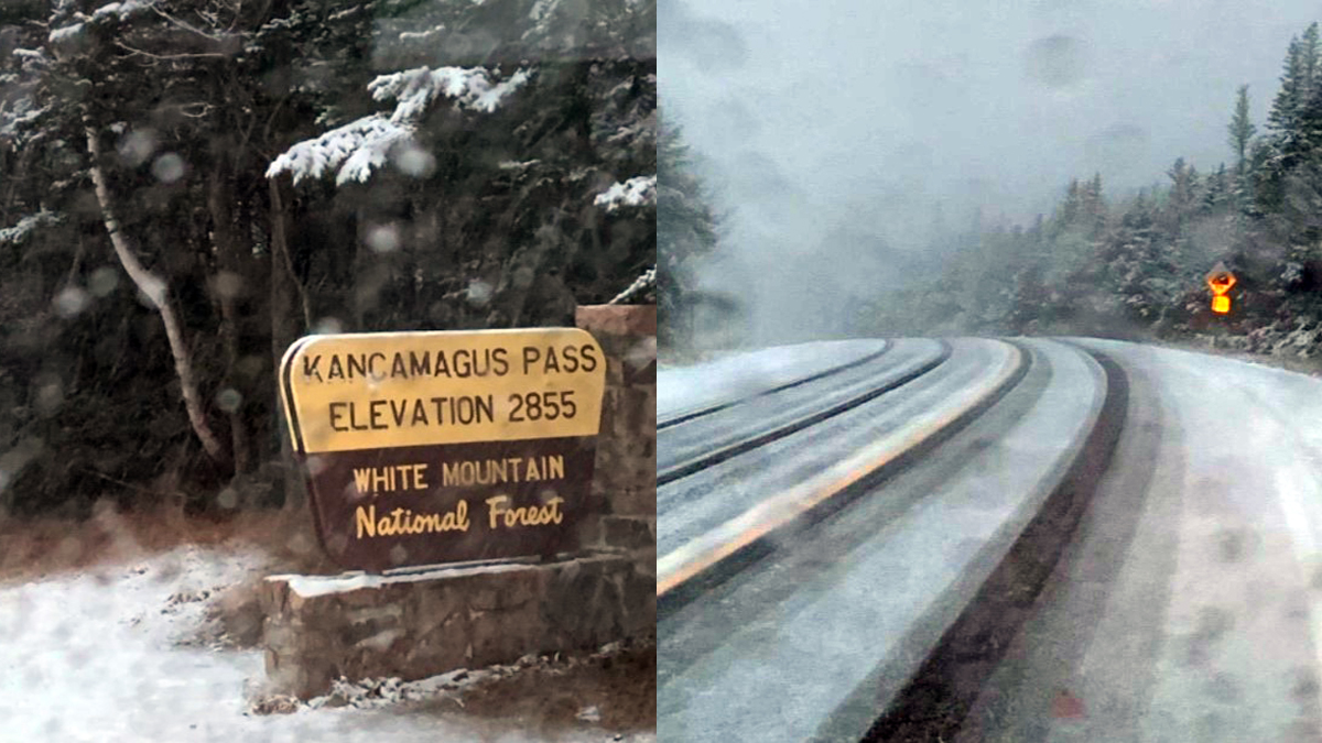 Wintry weather leaves New Hampshire’s Kancamagus Highway covered in