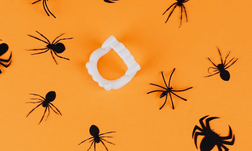 spiders and vampire fangs on orange background