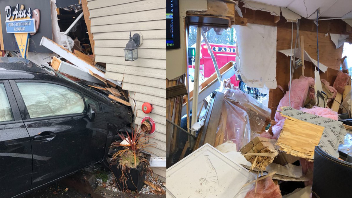 Driver hospitalized after car slams into Abington Restaurant Boston