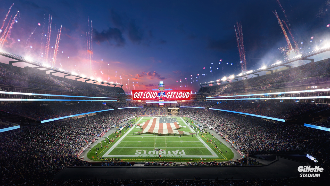 FOXBOROUGH, MA - APRIL 22: The new giant video board at Gillette Stadium  before a match between the New England Revolution and Sporting Kansas City  on April 22, 2023, at Gillette Stadium