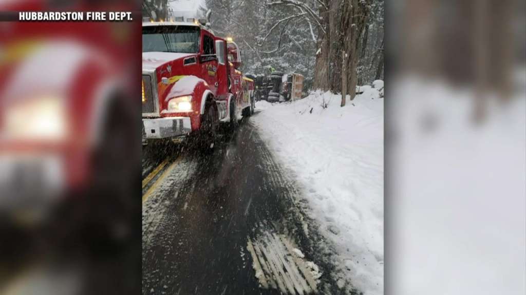 Plow truck overturns in Hubbardston as winter storm creates slick