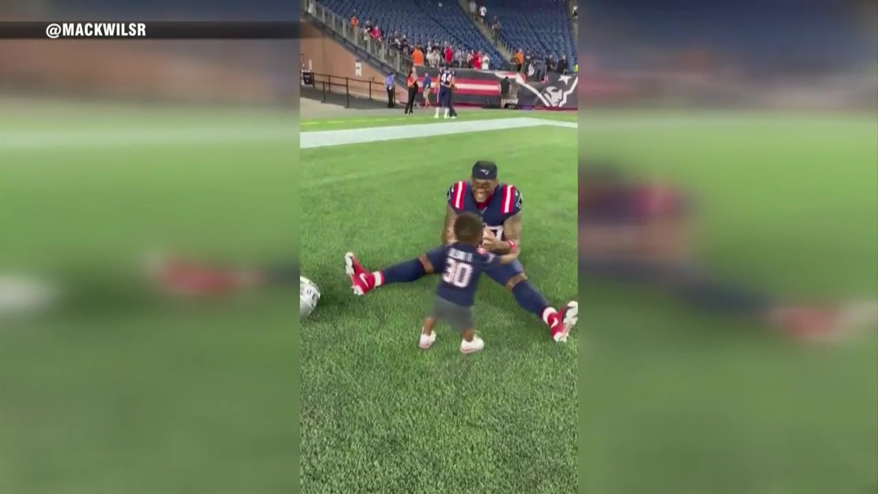 Patriots linebacker Mack Wilson's son takes 1st steps at stadium