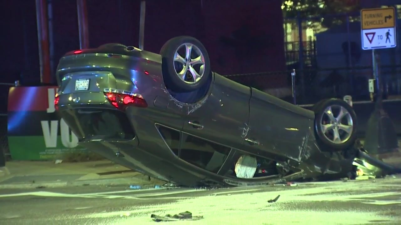 Accident in Nubian Square leaves car flipped onto its hood Boston