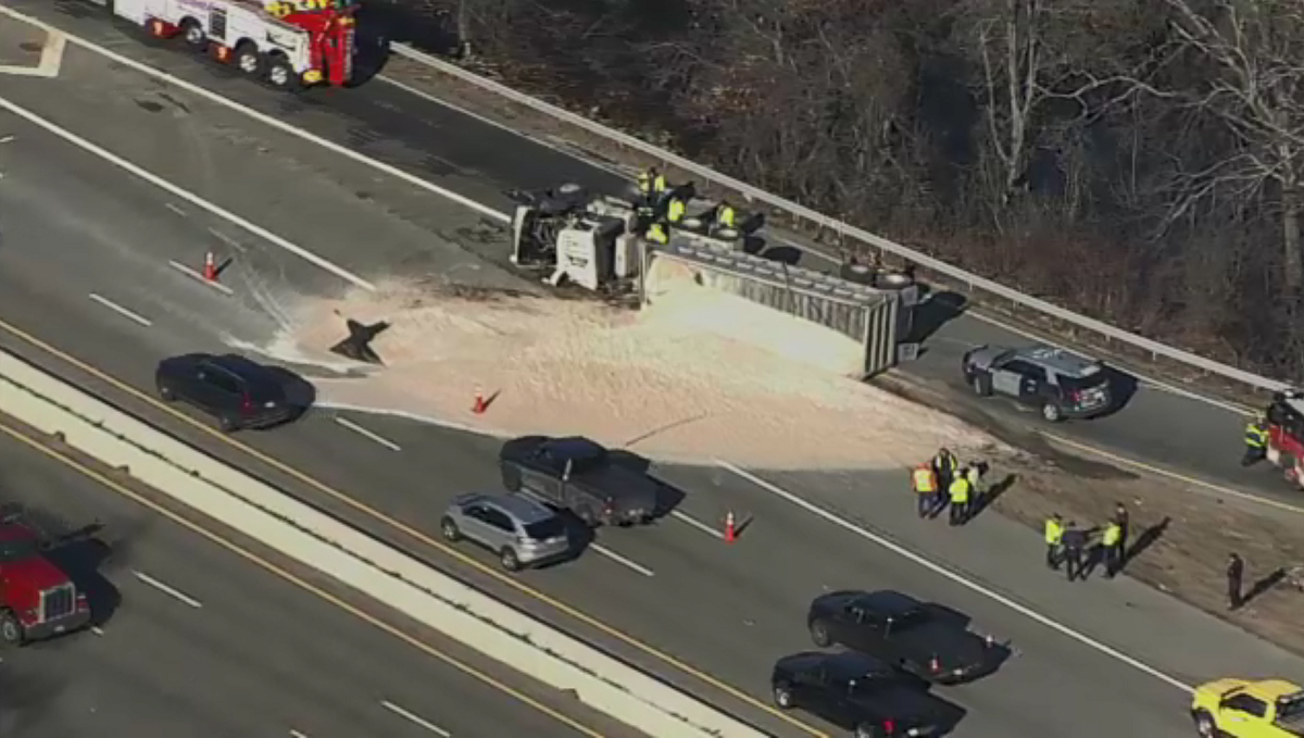 Tractor Trailer Loaded With Sand Rolls Over On I 95 South In Woburn Boston News Weather 