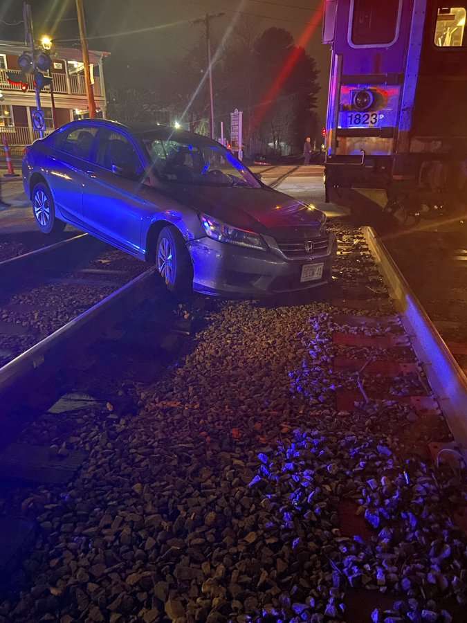 Car gets hit by Commuter Rail train after getting stuck on tracks in ...