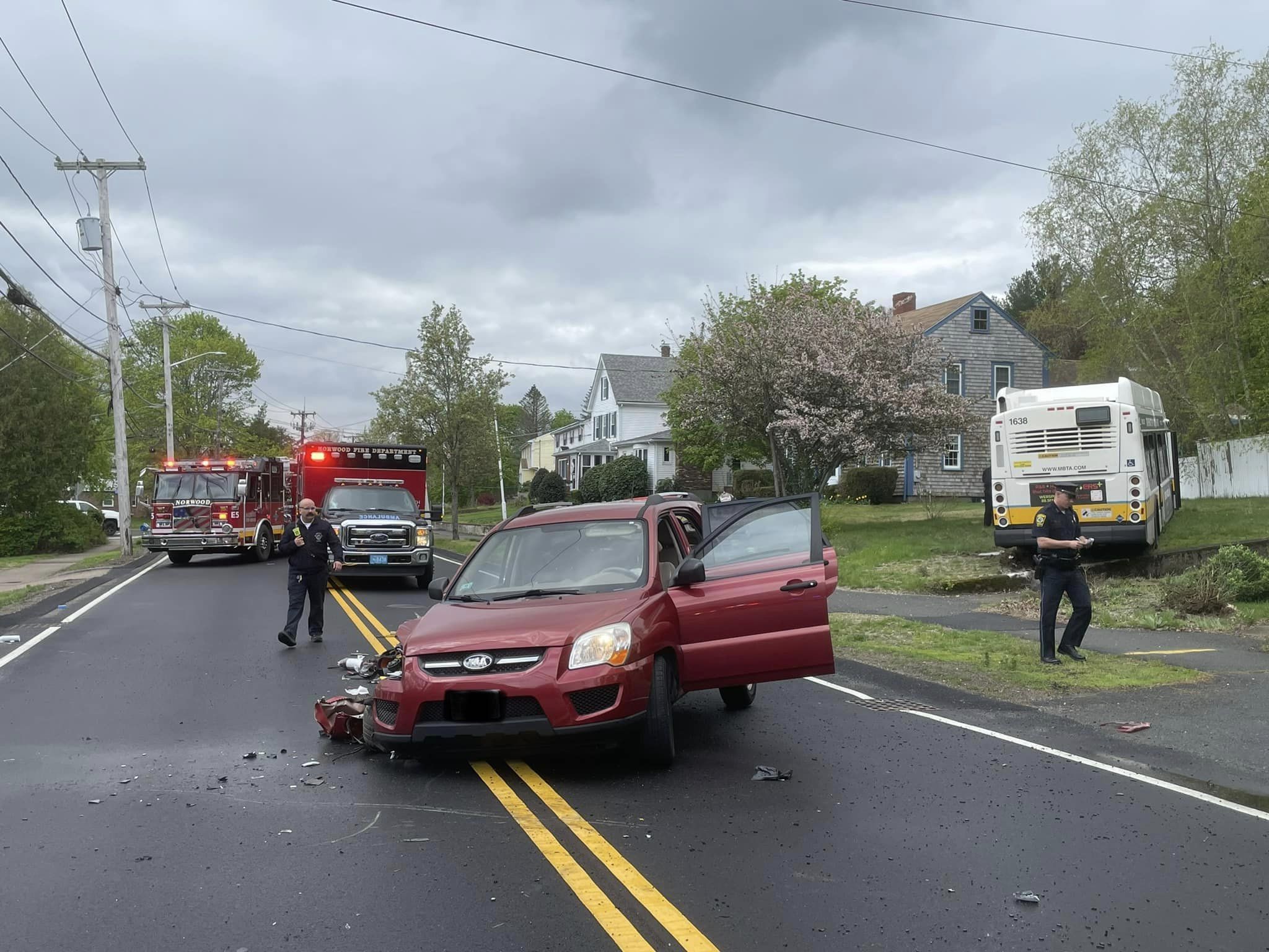 Two taken to hospitals after crash involving MBTA bus and car in Norwood