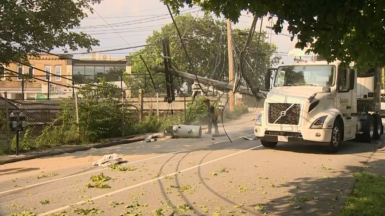 Truck crashes into power pole in Newton, knocking down wires - Boston ...