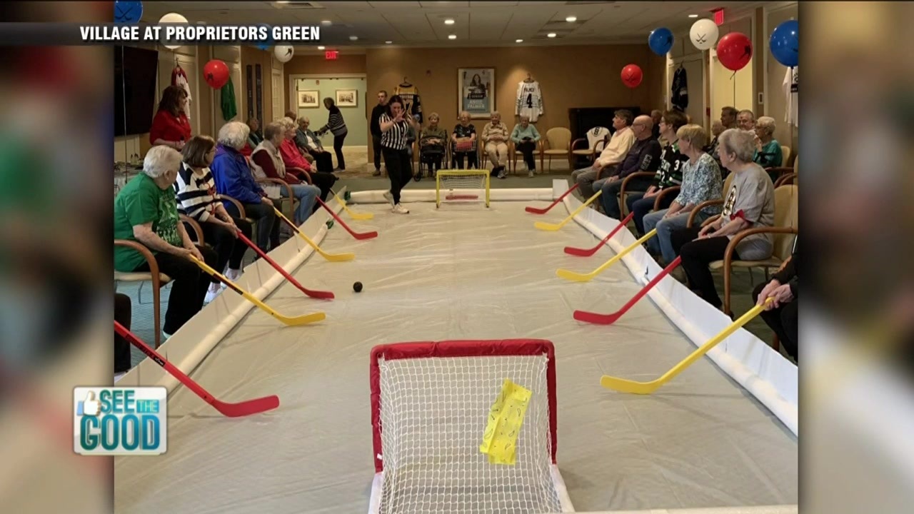 Residents play hockey on mini rink at Marshfield senior living center - Boston News, Weather, Sports