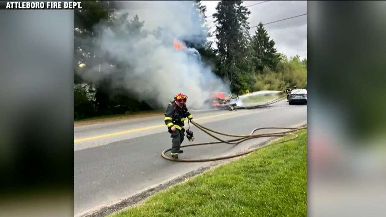 Car catches fire after crashing into utility pole in Attleboro - Boston ...