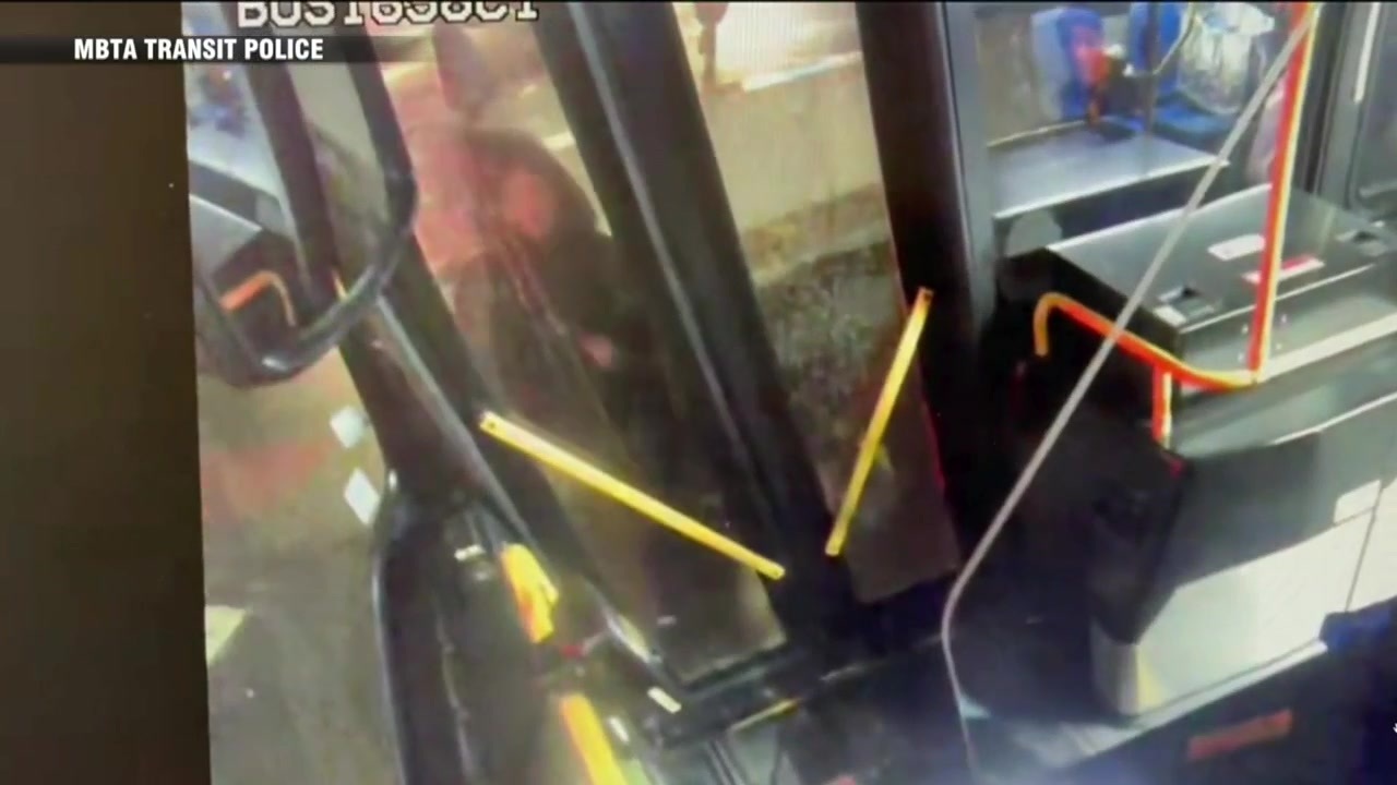 MBTA police share video of man shattering bus door in Jamaica Plain