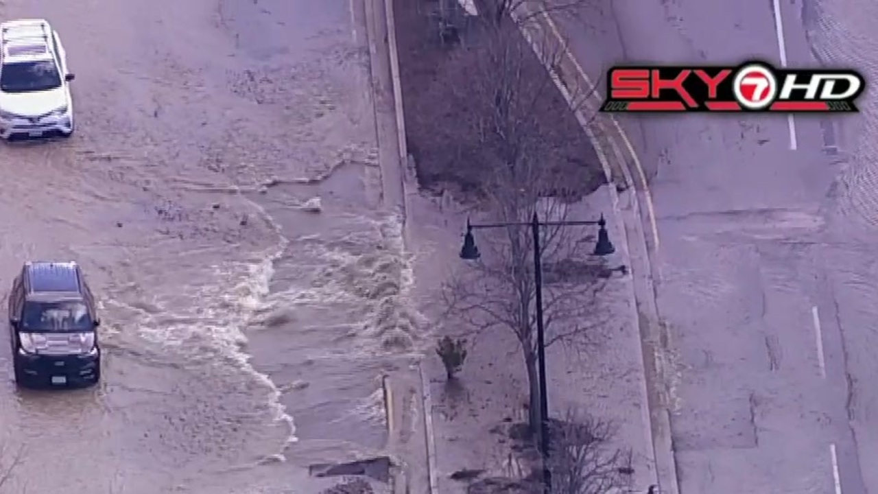 Water main break near Jackson T stop in Roxbury