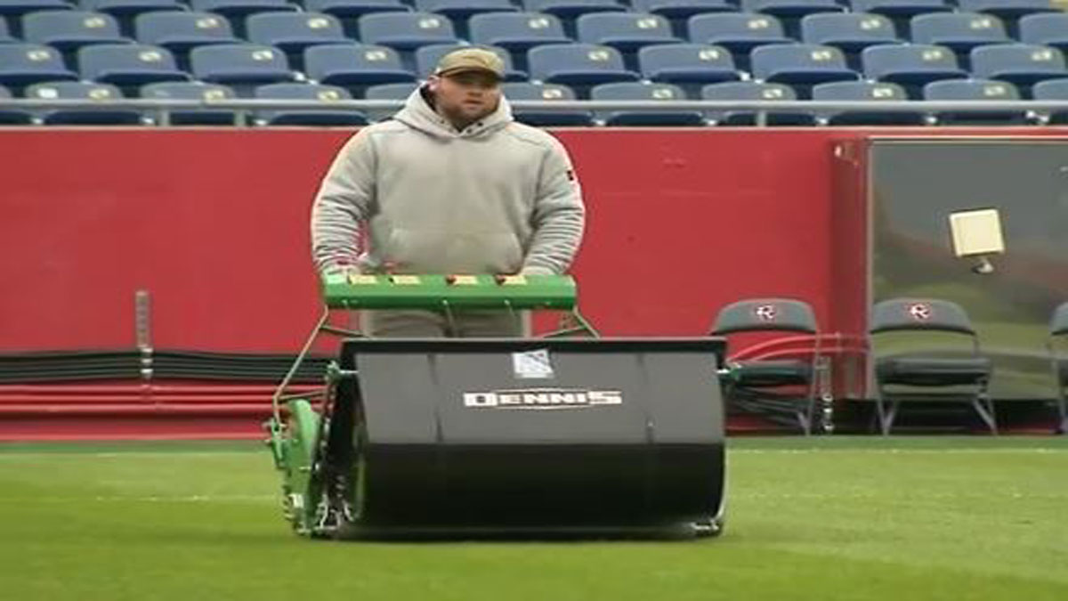 Crews at Gillette Stadium getting grass field ready for World Cup
