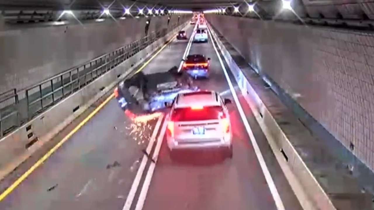 WATCH: Rollover crash in Ted Williams Tunnel halts traffic during busy morning commute